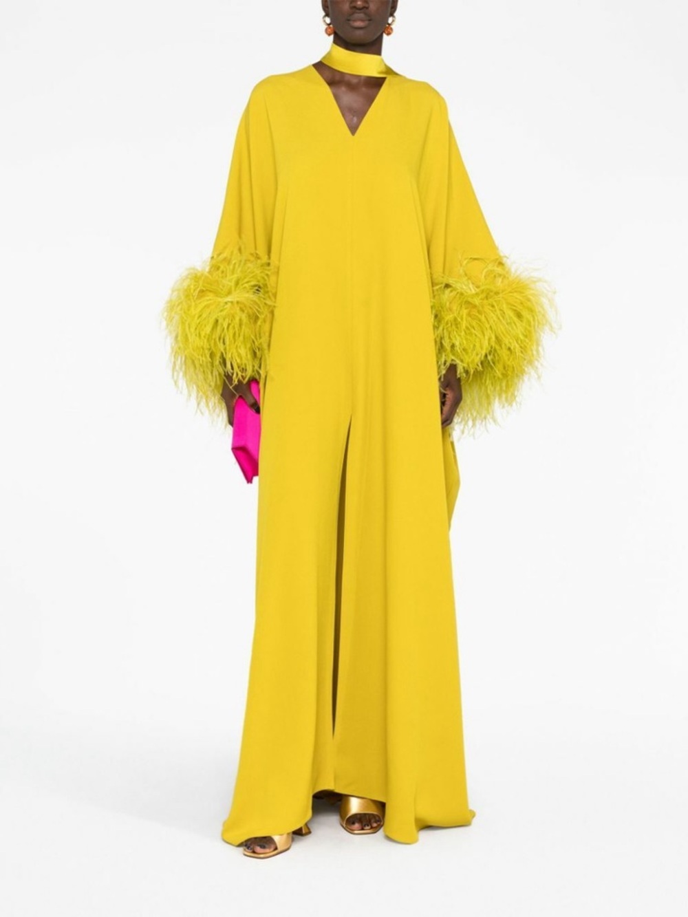 Taller Marmo Style Yellow Feather Cuff Maxi Dress